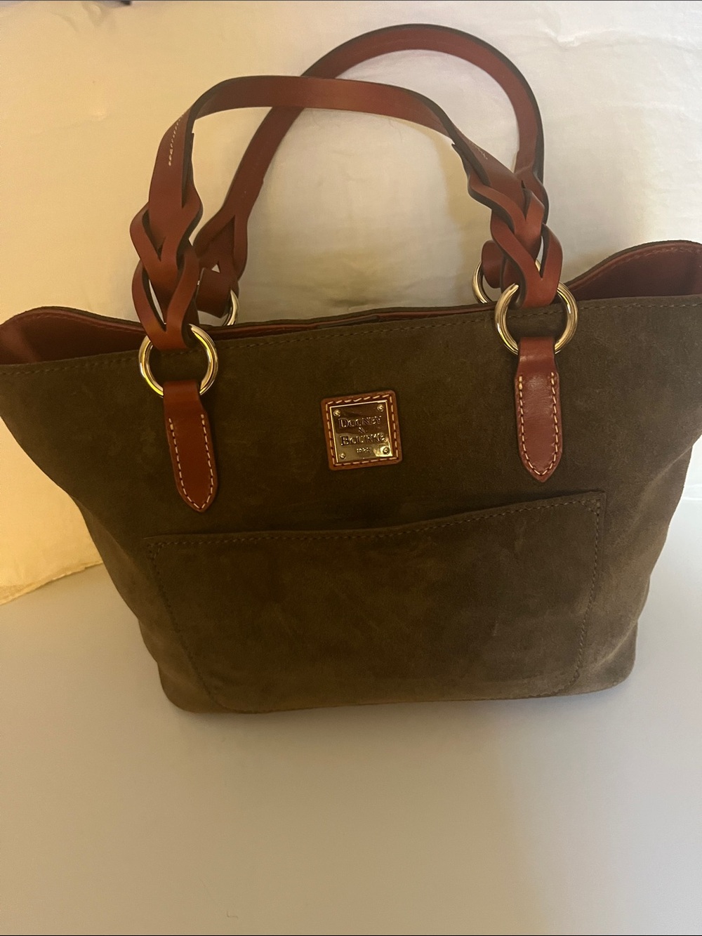 Dooney & Bourke Olive Green Suede Tote with Brown Leather Braided Handles.
